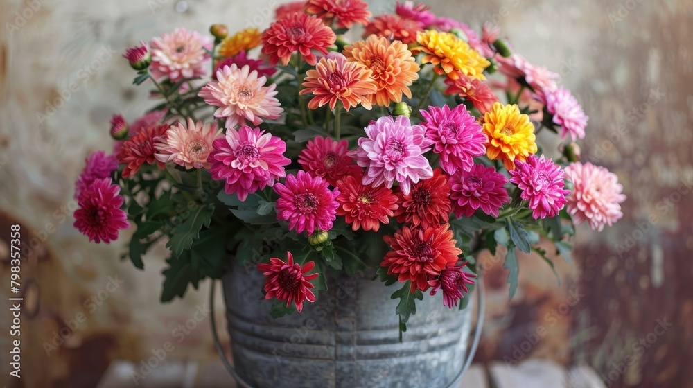 A unique Mother s Day gift idea a bucket filled with vibrant chrysanthemums