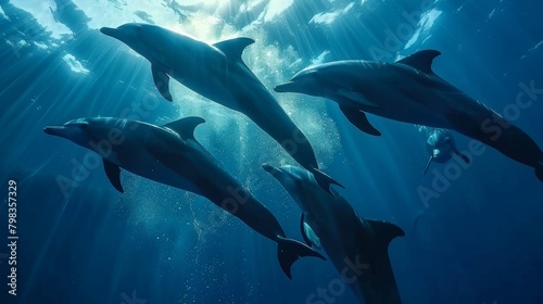 A group of dolphins, sleek and grey in color, gracefully swim through the deep blue ocean. Their bodies arc and dive in unison, creating a fluid and mesmerizing display of teamwork. The dolphins move © Justlight