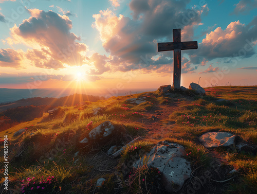 plateau peak with a sunset containing a cross