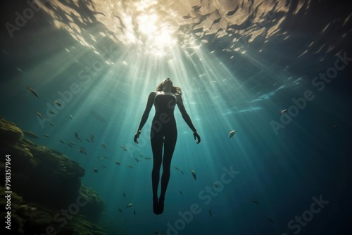 Woman freediving underwater swimming outdoors.
