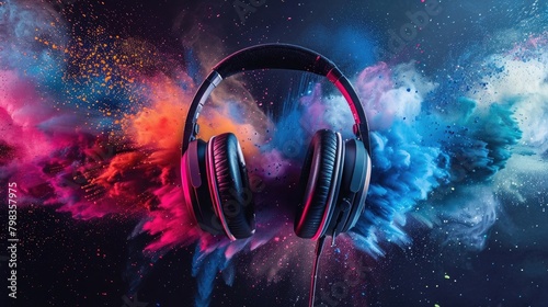 Design an image of headphones adorned with vibrant color powder splashes, creating a dynamic and visually appealing composition photo