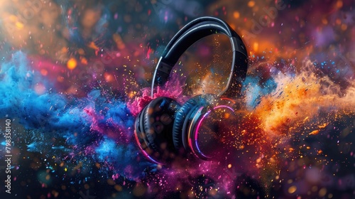 Design an image of headphones adorned with vibrant color powder splashes, creating a dynamic and visually appealing composition