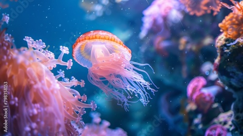 A close-up view of a jellyfish swimming gracefully in an aquarium, showcasing its translucent body and long tentacles. The jellyfish moves effortlessly through the water, creating a mesmerizing sight