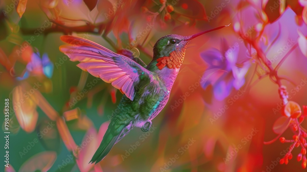 Broad billed Hummingbird in flight, AI generated image.
