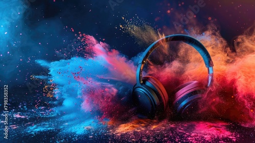 Design an image of headphones adorned with vibrant color powder splashes, creating a dynamic and visually appealing composition