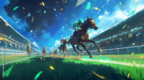 競馬場を駆け抜ける馬とジョッキー