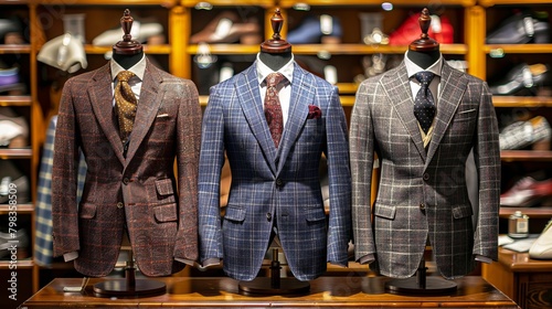 Tailored suits arranged on dummies in upscale menswear boutique.