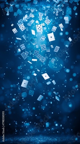 Enchanting blue space filled with floating dice, creating a magical gaming fantasy