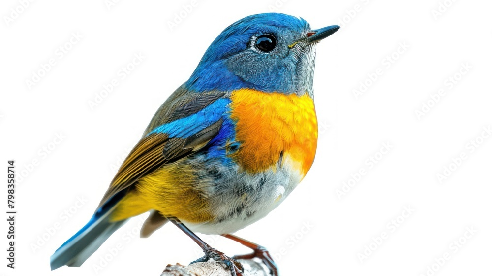 Himalayan blue-tailed or bush robin,beautiful blue bird with yellow markings on its wings isolated on white background,AI generated image. Himalayan blue-tailed or bush robin,beautiful blue bird with yellow markings on its wings isolated on white background,AI generated image.