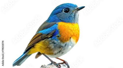 Himalayan blue-tailed or bush robin,beautiful blue bird with yellow markings on its wings isolated on white background,AI generated image. photo