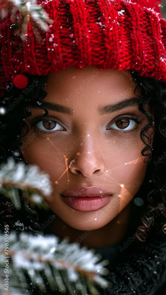 Young woman sitting in front of Christmas tree. Christmas and New Year celebration concept. Background with flying patterns. Generate AI.