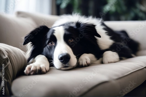 'couch border collie lying dog doggy animal nature pet outdoors portrait red white snout wool hair fur companion canino cute pretty cheerful purebred background ear eye horizontal look head face' photo