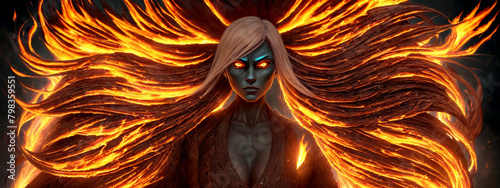 Witch woman with flaming flying hair and fiery eyes on a dark background. Illustration with evil demon in a female form with a burning charred hairdo