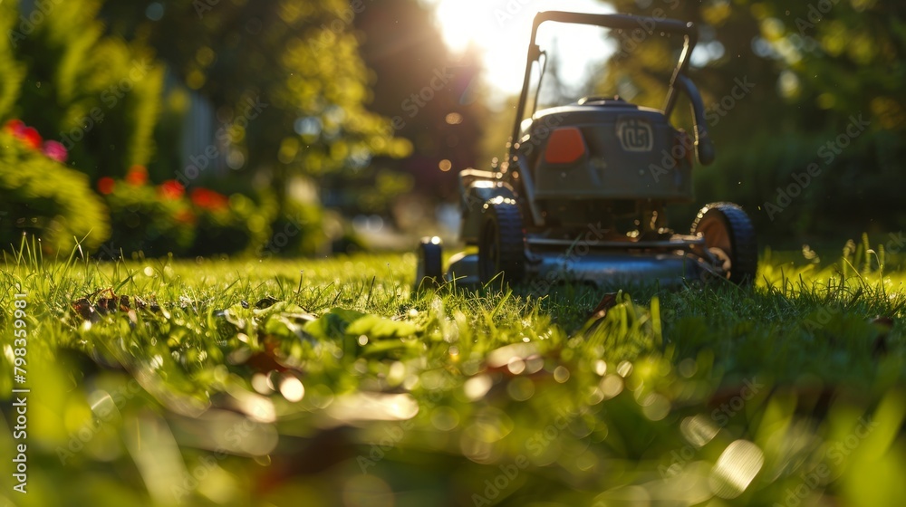 Lawnmower and a full bin of grass clippings on a sunlit garden lawn. Lawnmower and a full bin of grass clippings on a sunlit garden lawn.