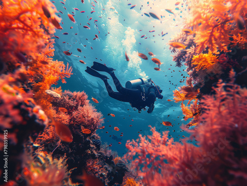 An adventurous scuba diver surrounded by a myriad of red coral and fish in the clear blue underwater world