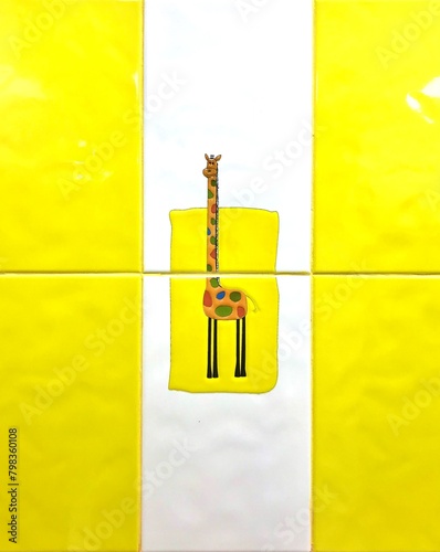 A giraffe drawing on yellow and white striped background