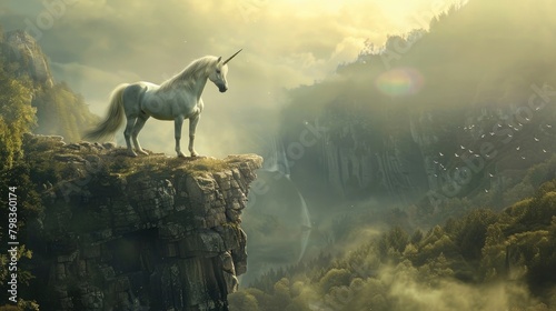 Enchant with a prompt featuring a white pegasus unicorn gracefully perched on a rock cliff high above photo