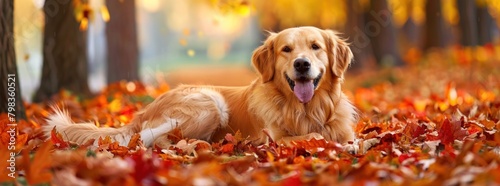 Golden retriever dog playing in autumn leaves wide background. Generate AI image
