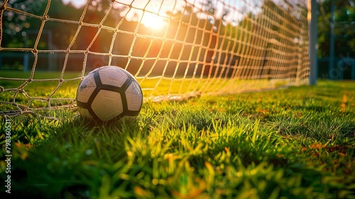 Soccer ball nestles in goal net on sunny field. photo