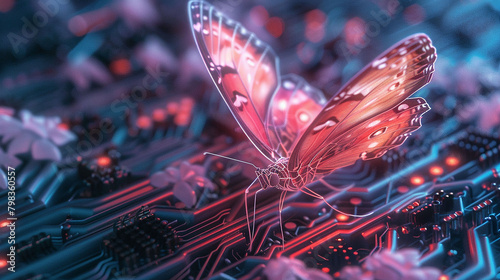 Within the circuits of a futuristic AI, a holographic butterfly materializes, its presence a whimsical anomaly amidst the cold logic of the machine mind.