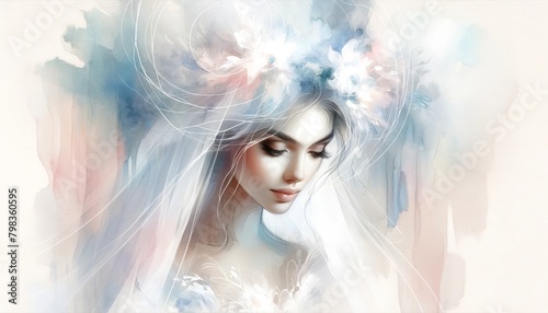 Ethereal Female Wedding Portrait with Dreamlike Surreal Clouds and Soft Pastel Tones, a Vision of Delicate Beauty and Serenity