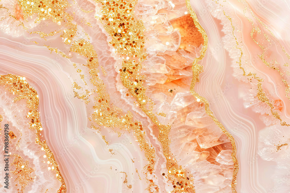 abstract sweet romantic pastel pink and peach agate marble with luxury sparkle gold glitter background - obrazy, fototapety, plakaty 