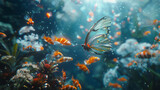 Within a virtual aquarium, a holographic butterfly swims gracefully alongside schools of shimmering fish, its translucent wings creating ripples in the digital water.