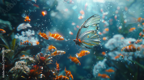Within a virtual aquarium, a holographic butterfly swims gracefully alongside schools of shimmering fish, its translucent wings creating ripples in the digital water. photo