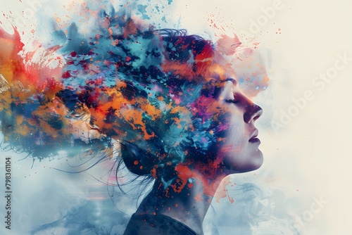 a side profile of a woman's head dissolving into a vibrant explosion of colorful splatters and smoky textures, depicting the concept of a creative mind bursting with ideas and inspiration