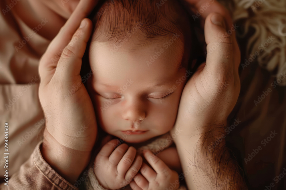Close up of a new dad holding their young baby. Fatherhood and fathers day concepts Close up of a new dad holding their young baby. Fatherhood and fathers day concepts
