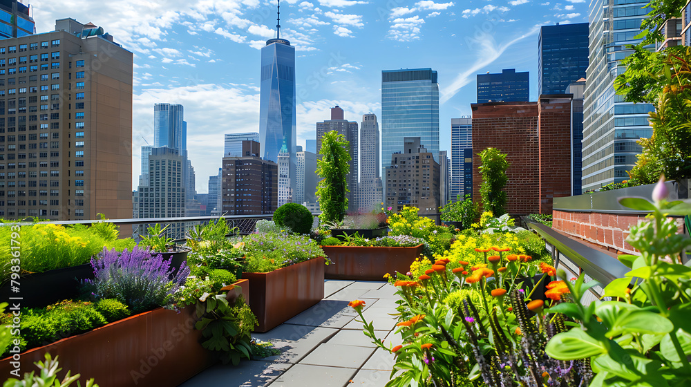 Fototapeta premium Office rooftop garden with plants and trees backdrop of city skyline. Relaxing outdoor park