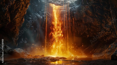 In a dark and mysterious cave a roaring waterfall cascades down into a pool of molten lava creating a mesmerizing display of swirling . .