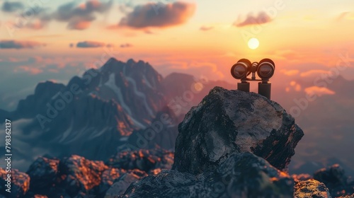 Envision a scene where a pair of binoculars is strategically positioned on the summit of a rocky mountain during the sunset photo