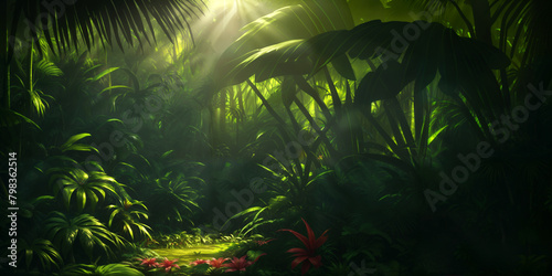 Jungle on a sunny day. Beautiful tropical forest with exotic plants, flowers, palm trees, big leaves and ferns. Thicket of the rainforest. Bright sun, sunbeams through the foliage.