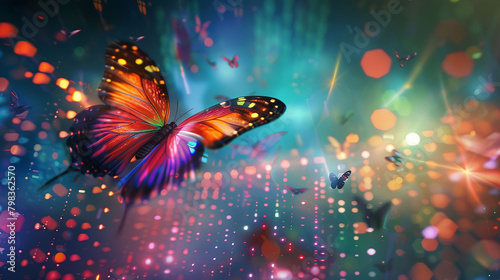Amidst the holographic projections of a virtual concert hall, a butterfly flutters, its translucent wings catching the light as it dances to the symphony of digital music filling the air. © NSR