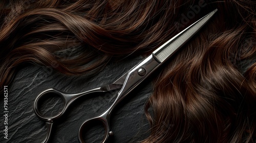 Sharp steel scissors and a swirl of brown hair on a dark surface.