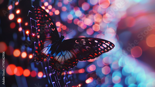 Amidst the holographic projections of a virtual concert, a butterfly flutters, its translucent wings catching the light as it dances to the rhythm of the digital music.