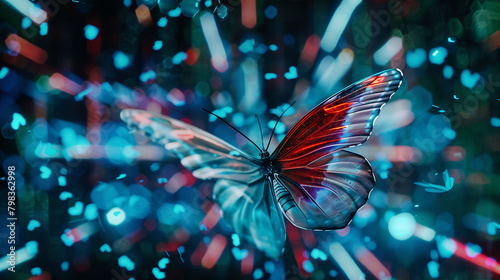 Amidst the holographic projections of a virtual concert, a butterfly flutters, its translucent wings catching the light as it dances to the rhythm of the digital music.
