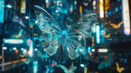 Amidst the glowing screens of a futuristic city, a holographic butterfly appears, its delicate form a reminder of the natural world that once existed beyond the bounds of technology. photo