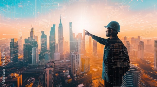 Envision a scene where a male engineer takes a leadership stance, pointing at construction site buildings, juxtaposed with a double exposure of a modern city skyline photo