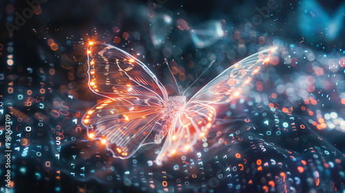 Against a backdrop of swirling code, a holographic butterfly flutters, its translucent wings refracting the digital light as it navigates the complex network of data. © NSR
