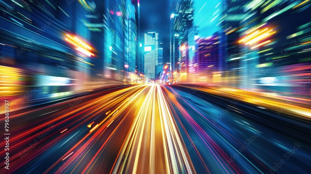 High speed road with motion blur light streaks in city. Generate AI image