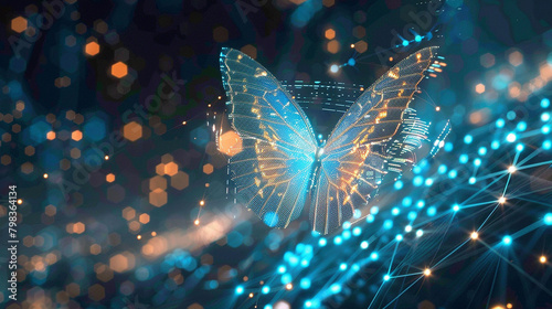 Against a backdrop of shimmering data streams, a holographic butterfly flits, its wings leaving trails of light as it explores the vast expanse of cyberspace. © NSR