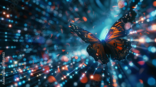 Against a backdrop of pulsing code, a holographic butterfly flits, its wings leaving traces of light as it explores the labyrinthine corridors of the digital world. © NSR
