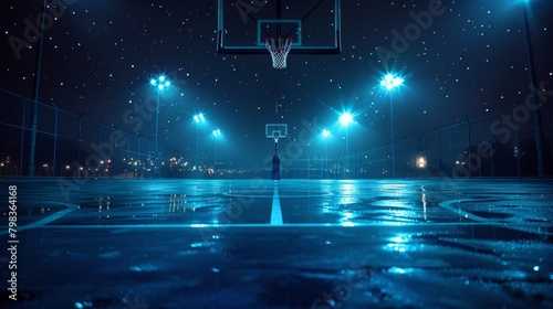 Wet basketball court with street lights on a rainy night.