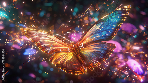 Against a backdrop of digital fireworks, a holographic butterfly dances, its wings catching the bursts of light in a dazzling display of virtual beauty. © NSR