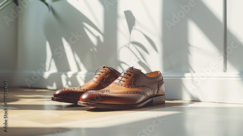 Sunlit brown shoes arranged neatly against a minimalist white backdrop. photo