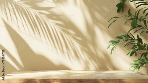 Light beige background with wooden table and plant shadow. Generate AI image