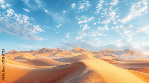 Vast desert landscape with sand dunes under a cloud-streaked sky.