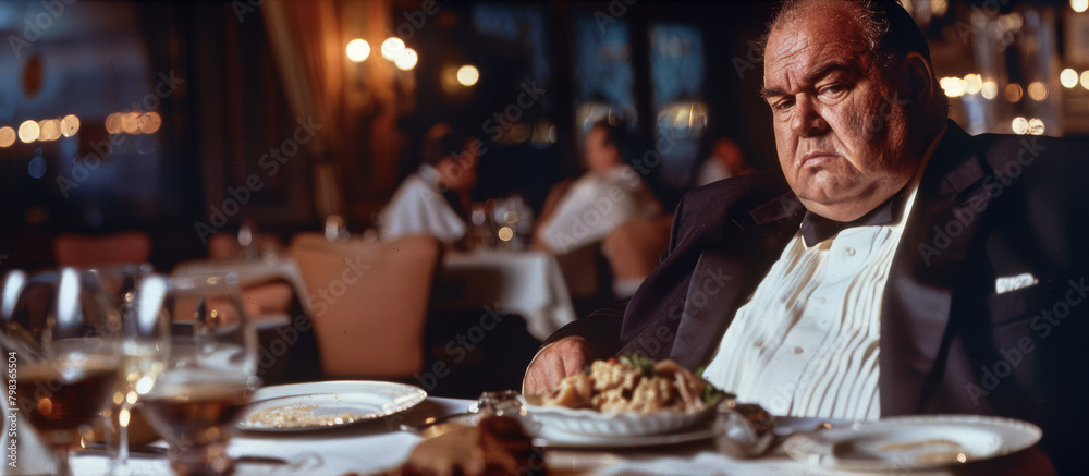 A very fat billionaire in a tuxedo sits in a restaurant and orders food. Overweight ugly man with a lot of money.